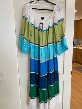 Tiered Maxi Peasant Dress in Blue & Green